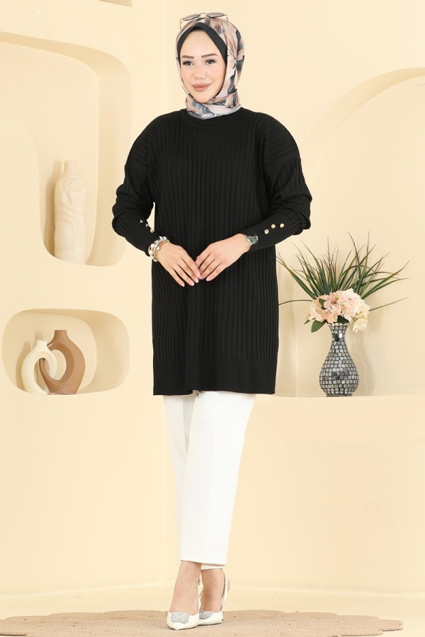 Modaselvim Tunik Kolları Düğmeli Merserize Tunik 3170NVX1208 Siyah