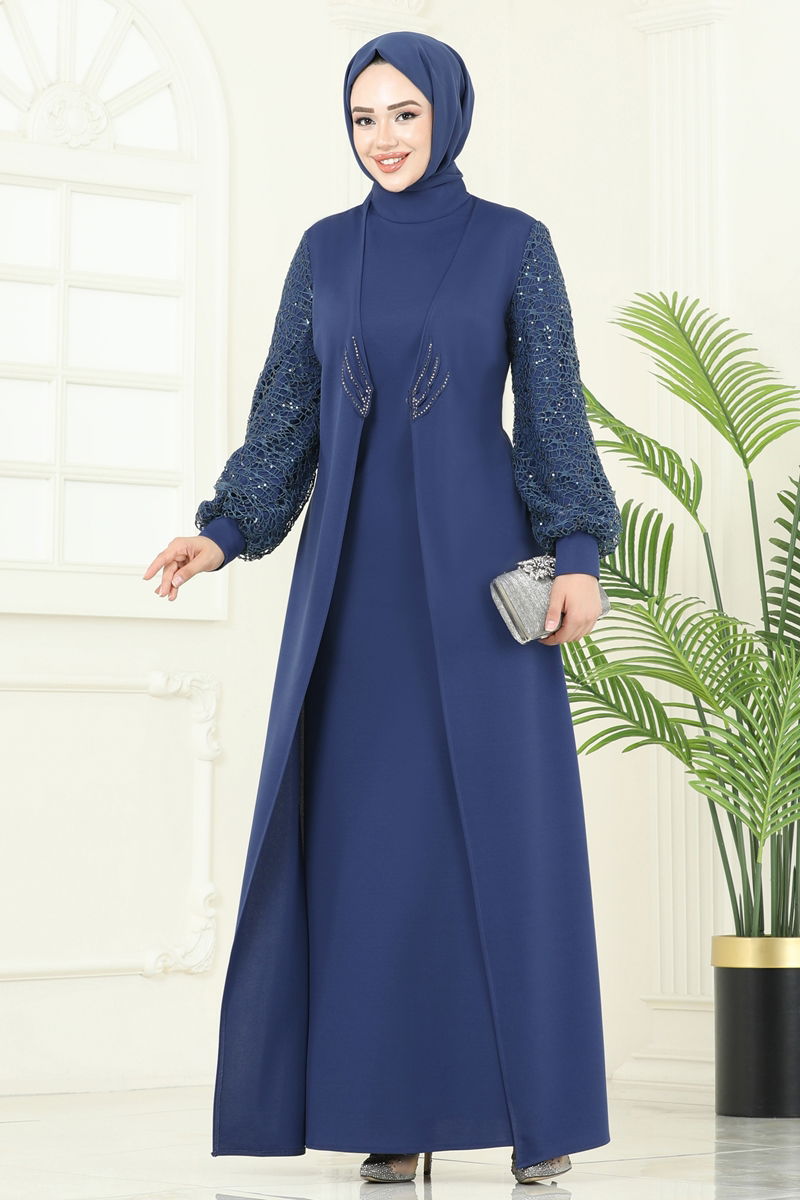 Kolları Fileli Abiye Elbise ASM2811 Açık Laci