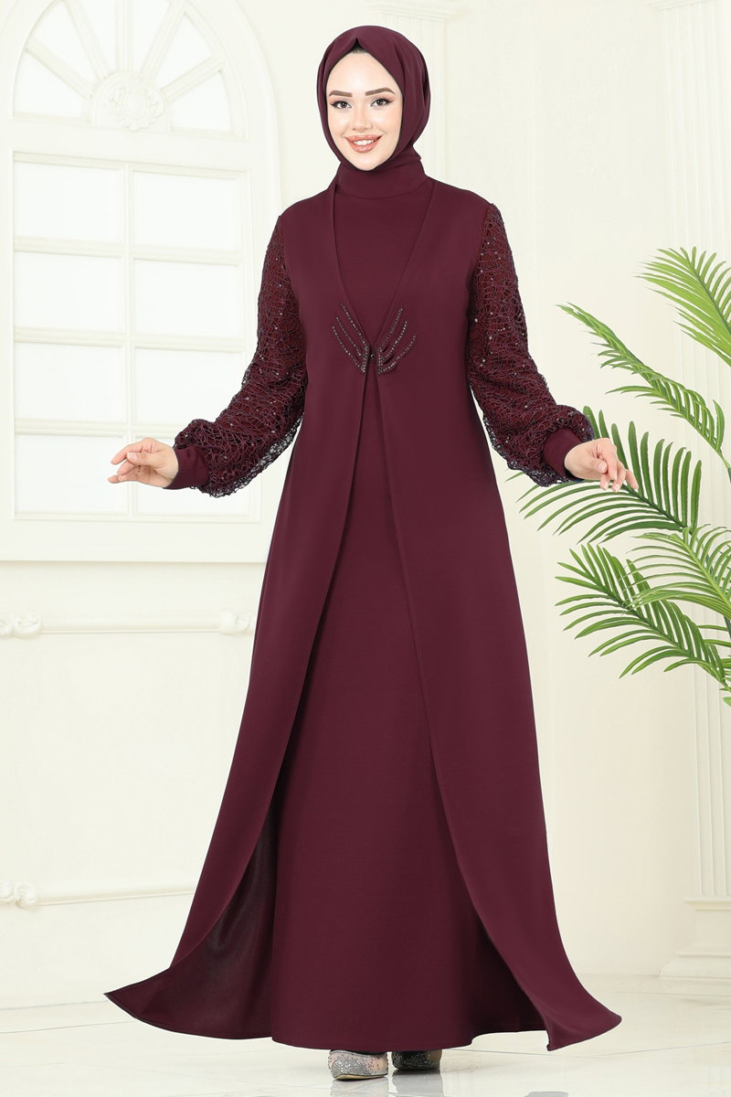 Kolları Fileli Abiye Elbise ASM2811 Bordo
