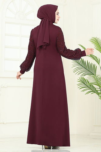 moda selvim Kolları Fileli Abiye Elbise ASM2811 Bordo - Thumbnail