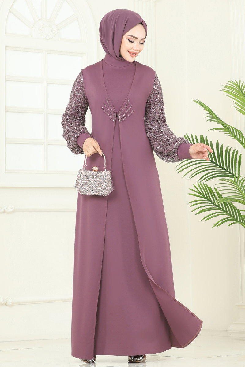 Kolları Fileli Abiye Elbise ASM2811 Gül Kurusu