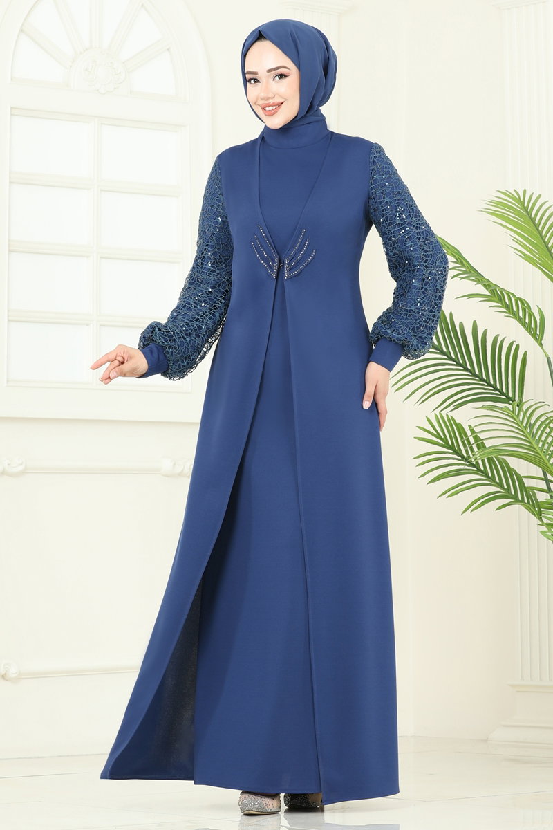 Kolları Fileli Abiye Elbise ASM2811 İndigo