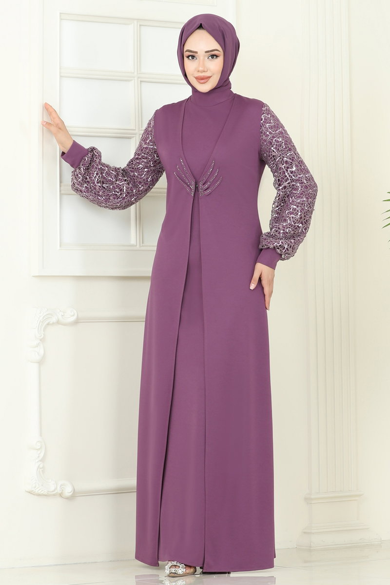 Kolları Fileli Abiye Elbise ASM2811 Koyu Lila