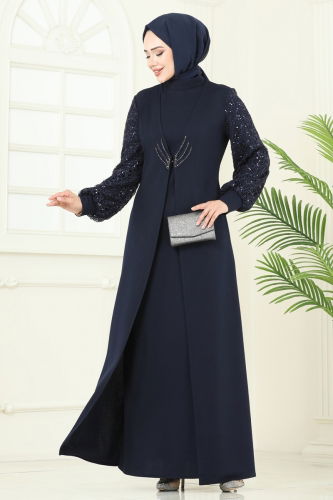 A.S.M. - Kolları Fileli Abiye Elbise ASM2811 Laci