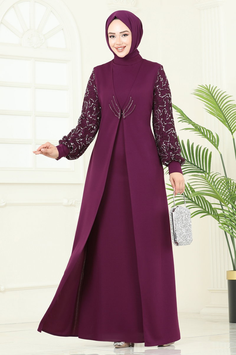 Kolları Fileli Abiye Elbise ASM2811 Mürdüm