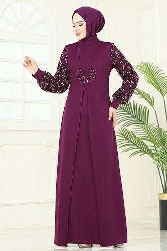 moda selvim Kolları Fileli Abiye Elbise ASM2811 Mürdüm - Thumbnail