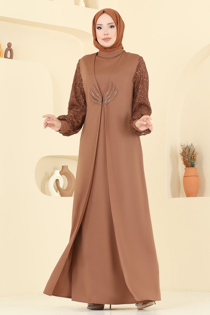 Kolları Fileli Abiye Elbise ASM2811 Taba