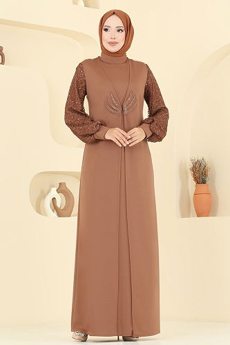 moda selvim Kolları Fileli Abiye Elbise ASM2811 Taba - Thumbnail