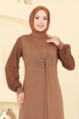 moda selvim Kolları Fileli Abiye Elbise ASM2811 Taba - Thumbnail