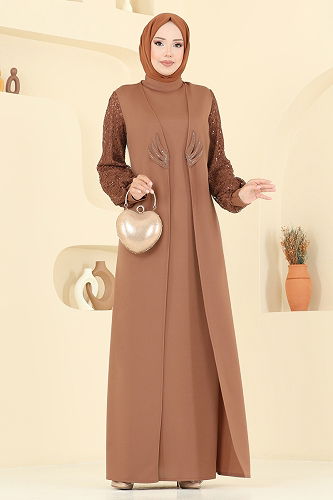 moda selvim Kolları Fileli Abiye Elbise ASM2811 Taba - Thumbnail