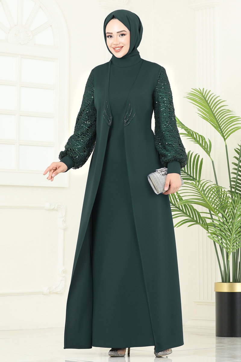 Kolları Fileli Abiye Elbise ASM2811 Zümrüt