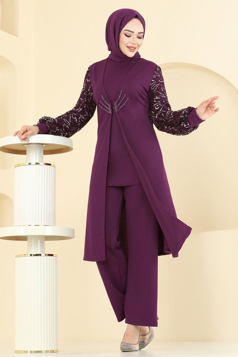 Kolları Fileli Şık Takım ASM2832 Mürdüm