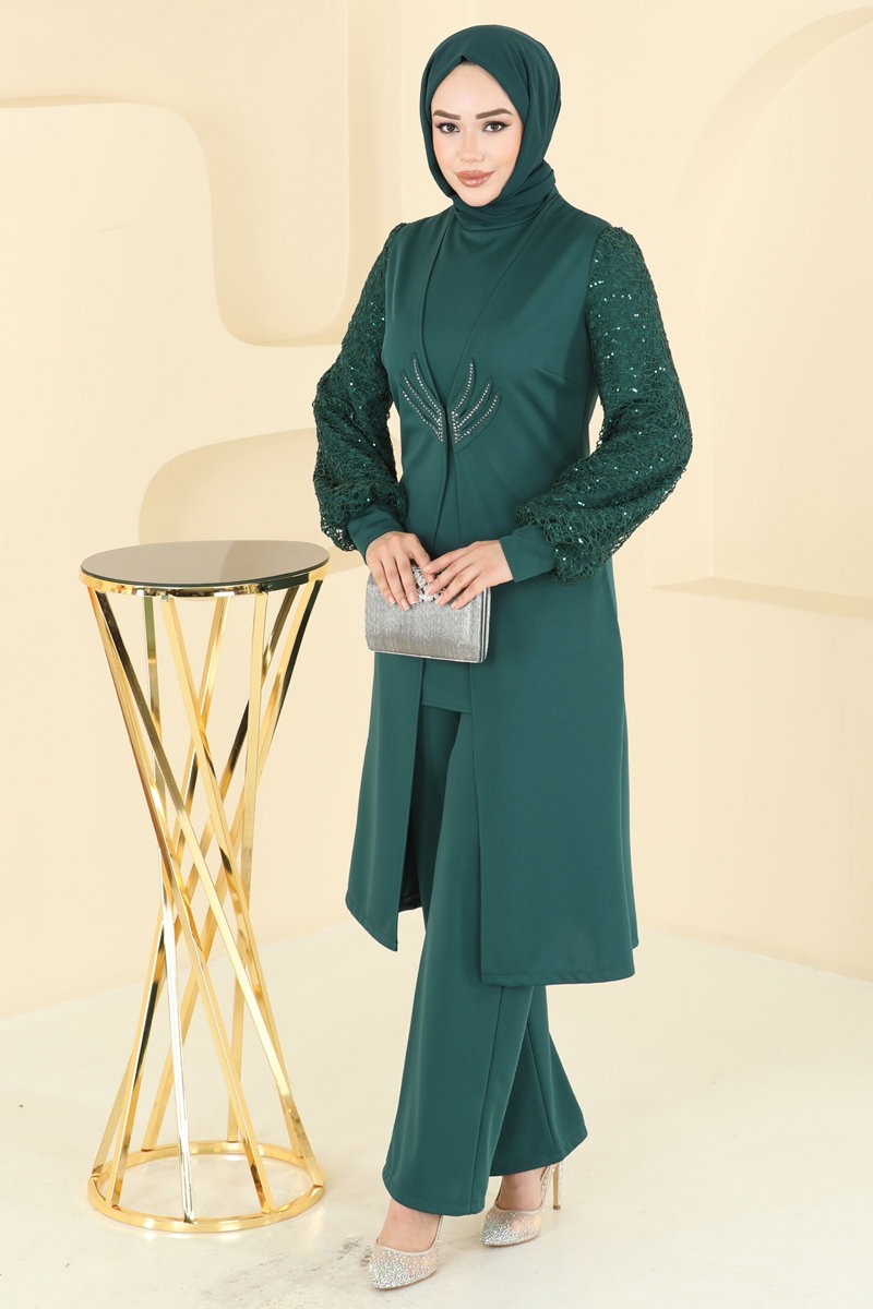 Kolları Fileli Şık Takım ASM2832 Zümrüt