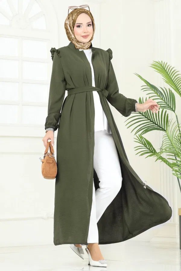 Modaselvim SEPETTE NET %20+%20 İNDİRİM Kolları Fırfırlı Aerobin Pardesü Ferace PL9151 Haki