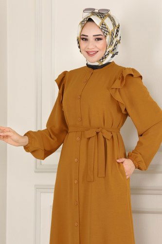 moda selvim Kolları Fırfırlı Mevsimlik Ferace 2006MDA386 Hardal - Thumbnail