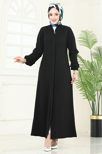 moda selvim Kolları Fırfırlı Pardesü Ferace 1200DLB1088 Siyah - Thumbnail