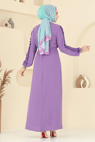 moda selvim Kolları Fırfırlı Tesettür Elbise 5001MDA386 Lila - Thumbnail