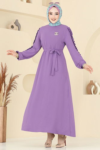 moda selvim Kolları Fırfırlı Tesettür Elbise 5001MDA386 Lila - Thumbnail