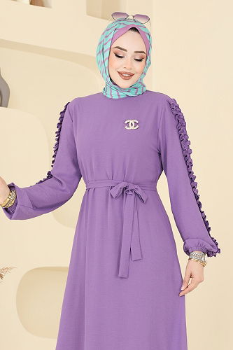 moda selvim Kolları Fırfırlı Tesettür Elbise 5001MDA386 Lila - Thumbnail