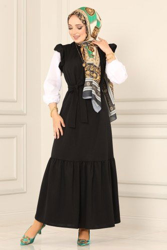 moda selvim Kolları Fırfırlı Tesettür Jile 4476ALG474 Siyah - Thumbnail