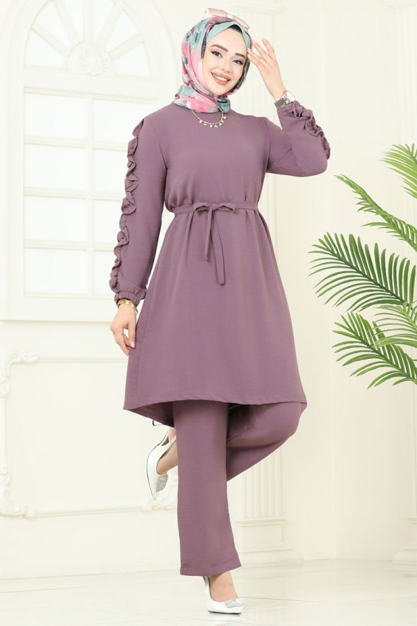Modaselvim Kombin Kolları Fırfırlı Tesettür Takım 6015UZ662 Koyu Lila