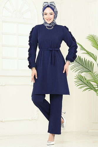 moda selvim Kolları Fırfırlı Tesettür Takım 6015UZ662 Laci - Thumbnail