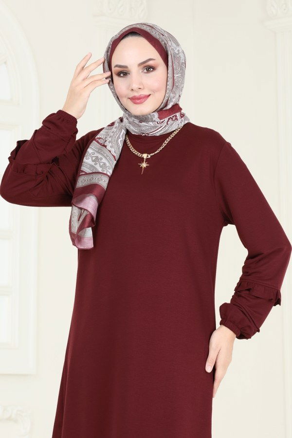 Kolları Fırfırlı Tesettür Tunik 2680AYD574 Bordo - 3