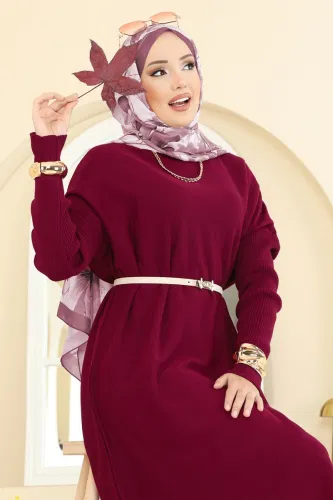 U.Z. - Kolları Fitilli Triko Tunik 2096UZ662 Açık Bordo