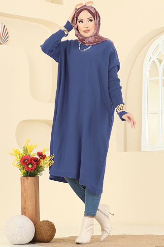 moda selvim Kolları Fitilli Triko Tunik 2096UZ662 Açık İndigo - Thumbnail