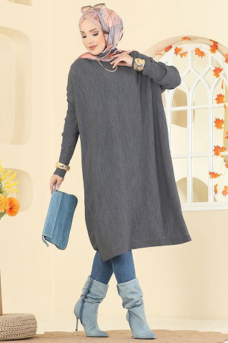 moda selvim Kolları Fitilli Triko Tunik 2096UZ662 Antrasit - Thumbnail