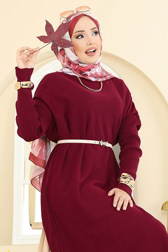 moda selvim Kolları Fitilli Triko Tunik 2096UZ662 Bordo - Thumbnail