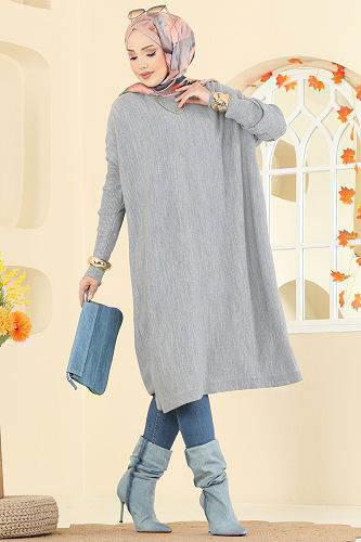 moda selvim Kolları Fitilli Triko Tunik 2096UZ662 Gri - Thumbnail