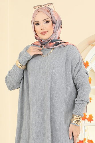 moda selvim Kolları Fitilli Triko Tunik 2096UZ662 Gri - Thumbnail