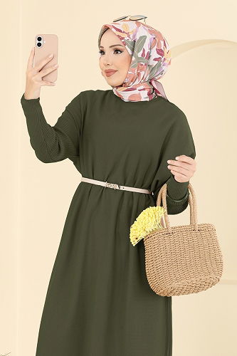 moda selvim Kolları Fitilli Triko Tunik 2096UZ662 Haki - Thumbnail