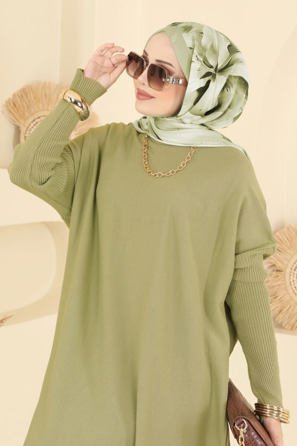 Modaselvim Tunik Kolları Fitilli Triko Tunik 2096UZ662 Yağ Yeşili