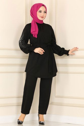 moda selvim Kolları İnci İşlemeli Tesettür Takım 4352NWF762 Siyah - Thumbnail