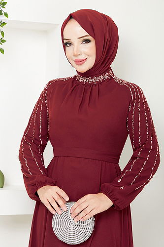 moda selvim Kolları İşlemeli Abiye 6089LPN909-M Açık Bordo - Thumbnail