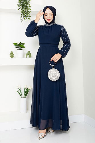 moda selvim Kolları İşlemeli Abiye 6089LPN909-M Laci - Thumbnail