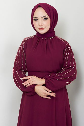 moda selvim Kolları İşlemeli Abiye 6089LPN909-M Mürdüm - Thumbnail