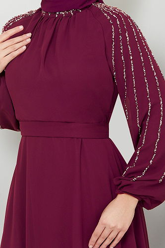 moda selvim Kolları İşlemeli Abiye 6089LPN909-M Mürdüm - Thumbnail