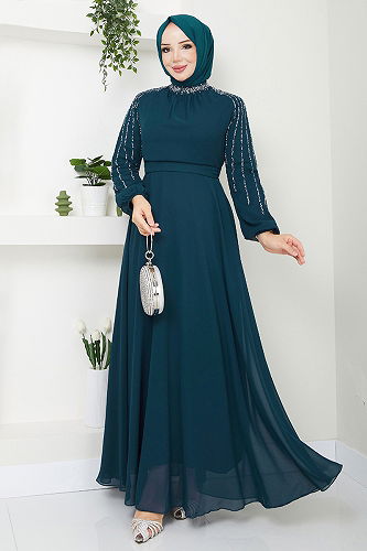 moda selvim Kolları İşlemeli Abiye 6089LPN909-M Petrol - Thumbnail