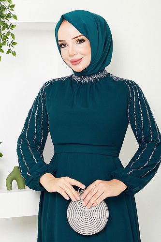 moda selvim Kolları İşlemeli Abiye 6089LPN909-M Petrol - Thumbnail