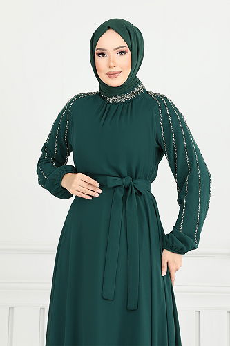 moda selvim Kolları İşlemeli Abiye 6089LPN909-M Zümrüt - Thumbnail