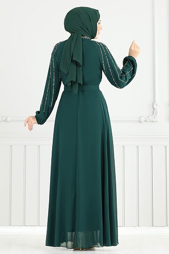 moda selvim Kolları İşlemeli Abiye 6089LPN909-M Zümrüt - Thumbnail