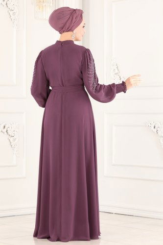 moda selvim Kolları İşlemeli Şifon Abiye 5465AB368 Lila - Thumbnail