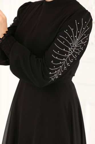 moda selvim Kolları İşlemeli Şifon Abiye 5465AB368 Siyah - Thumbnail