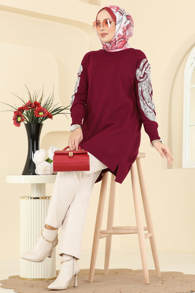 Kolları İşlemeli Triko Tunik 2494UZ662 Bordo