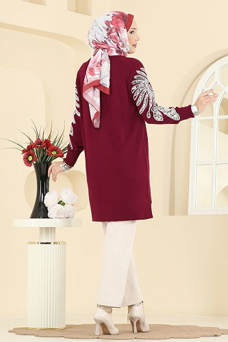 moda selvim Kolları İşlemeli Triko Tunik 2494UZ662 Bordo - Thumbnail
