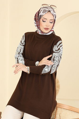 moda selvim Kolları İşlemeli Triko Tunik 2494UZ662 Kahve - Thumbnail