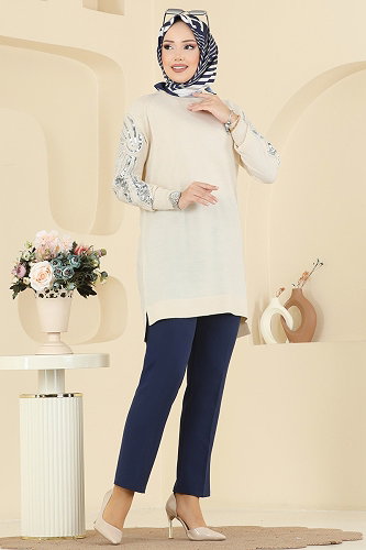 moda selvim Kolları İşlemeli Triko Tunik 2494UZ662 Taş - Thumbnail